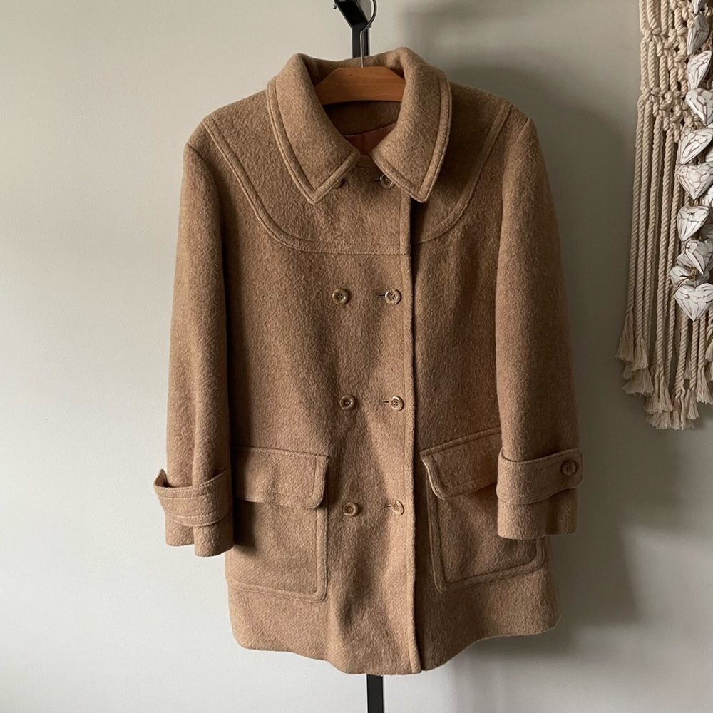 60s 70s Vintage Surrey Classics Double Breasted Car Coat Camel Tan Size Large